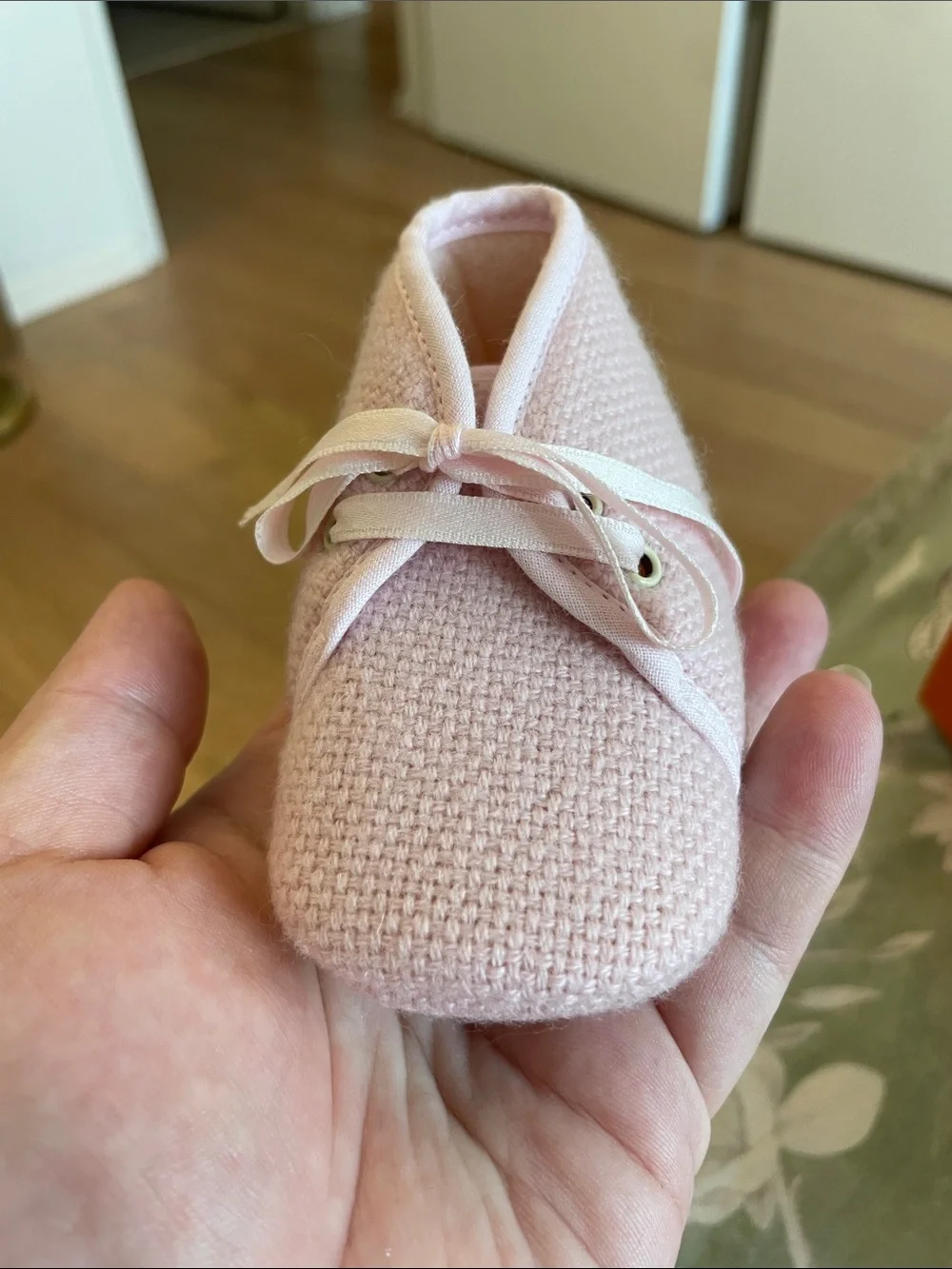 Hermès Baby Pink Knit Crib Shoes Satin Ribbon Booties Luxury Newborn Gift